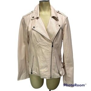 Neiman Marcus Womens L Blush Pink Genuine Leather Moto Jacket Asymmetric Zip